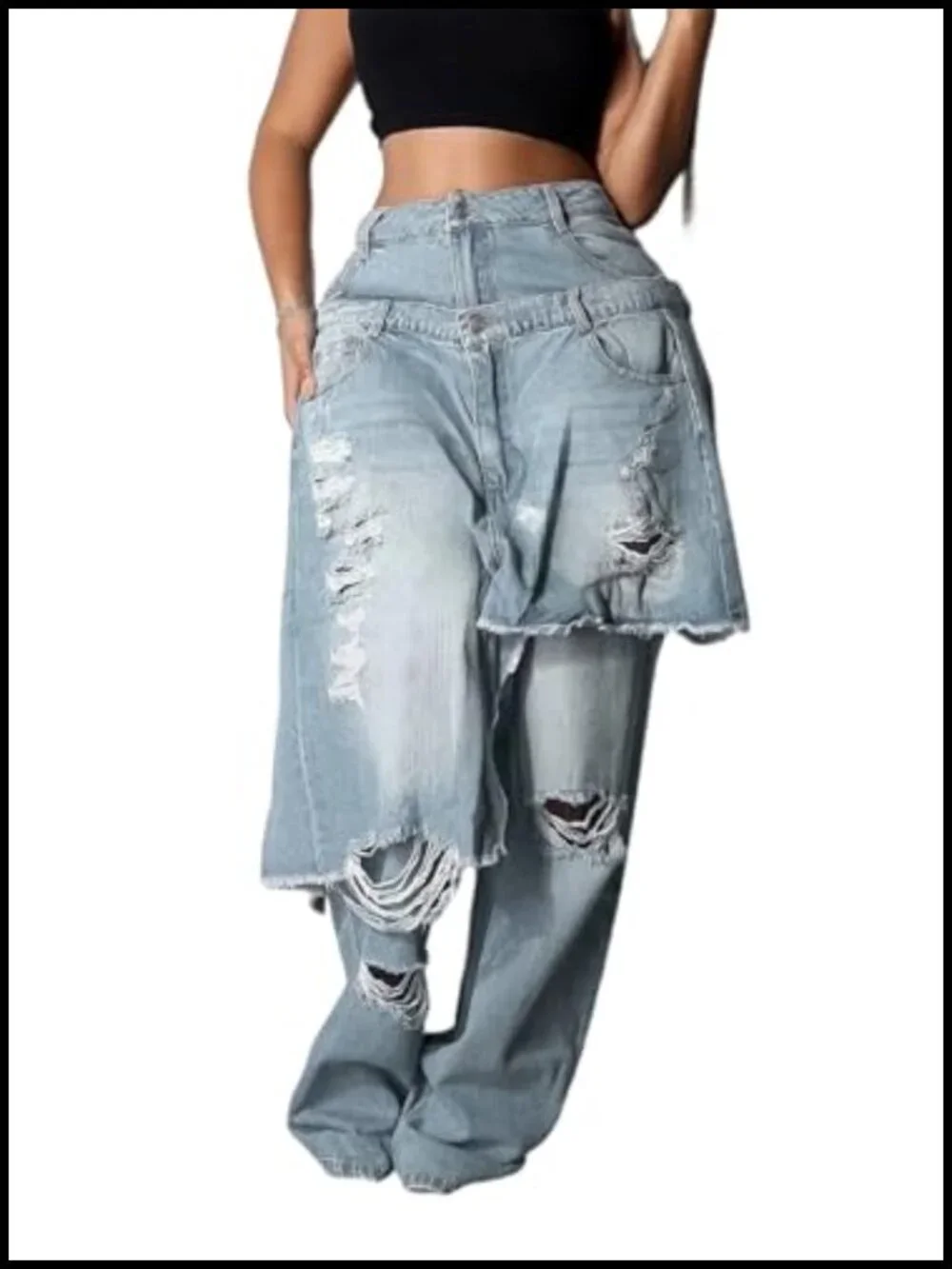 Ripped Patchwork Jeans Straight Wide Leg Asymmetrical Double Waist Baggy Y2k